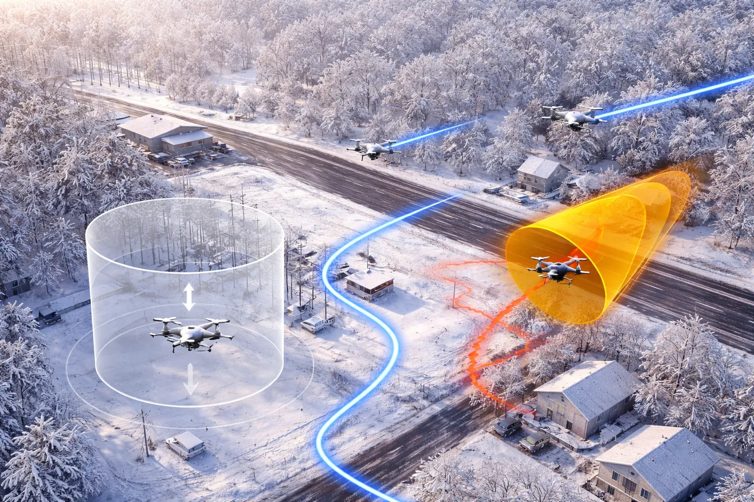Winter routing scenario — multiple platforms operating in suburban airspace