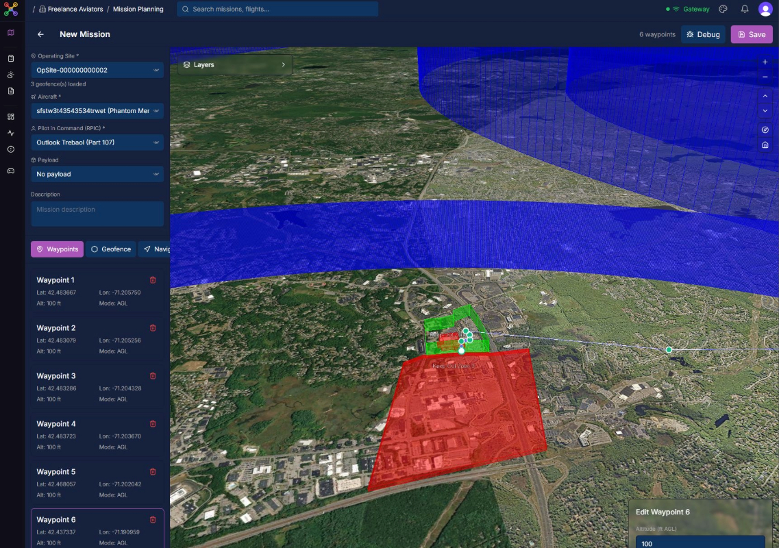 Platform screenshot: Mission planning interface with map, waypoints, and flight data
